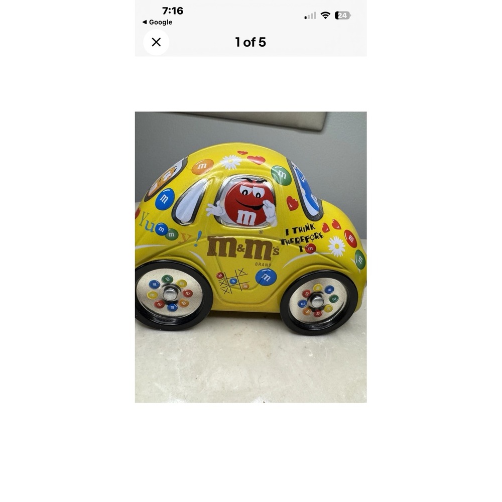 Vintage M&M Yellow VW Beetle Bug Car Metal Candy Tin Collectible Rolling Wheels